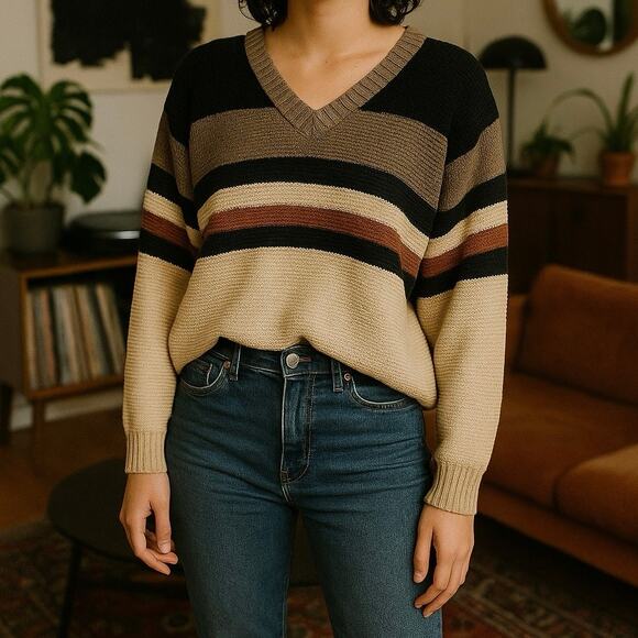 Vintage Striped Knit Sweater Neutral Earth Tones V-Neck Size L - Picture 1 of 9